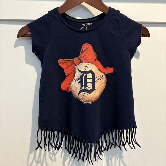 Detroit Tigers Shirt Girl Small 6-8 Blue MLB Baseball Fringe Bow Tiny Turnip Tee - Picture 3 of 9